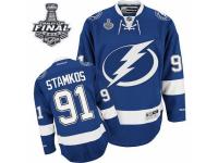 Men Reebok Tampa Bay Lightning #91 Steven Stamkos Premier Royal Blue Home 2015 Stanley Cup Patch NHL Jersey