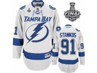 Men Reebok Tampa Bay Lightning #91 Steven Stamkos Premier White Away 2015 Stanley Cup Patch NHL Jersey