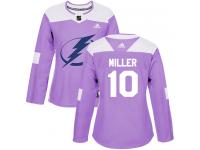 Women's Adidas NHL Tampa Bay Lightning #10 J.T. Miller Authentic Jersey Purple Fights Cancer Practice Adidas