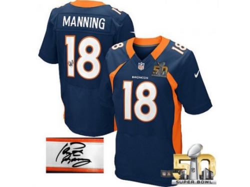 Elite Peyton Manning Men Jersey - Denver Broncos #18 Autographed Alternate Navy Blue Super Bowl 50 Bound Nike NFL
