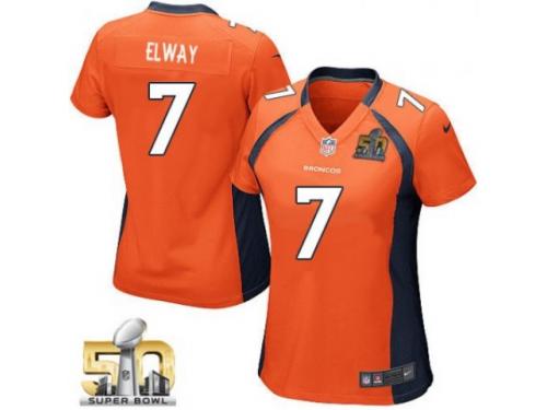 Game John Elway WoMen Jersey - Denver Broncos #7 Home Orange Super Bowl 50 Bound Nike NFL