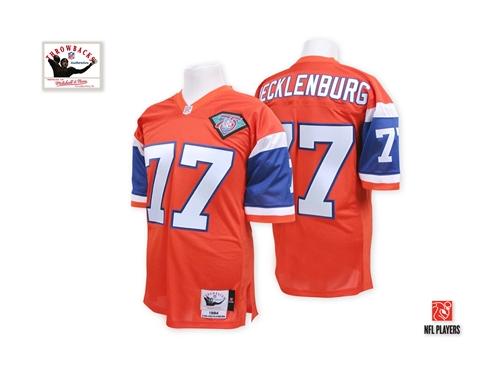 Men NFL Denver Broncos #77 Karl Mecklenburg Throwback Home 75th Patch Orange Mitchell and Ness Jersey