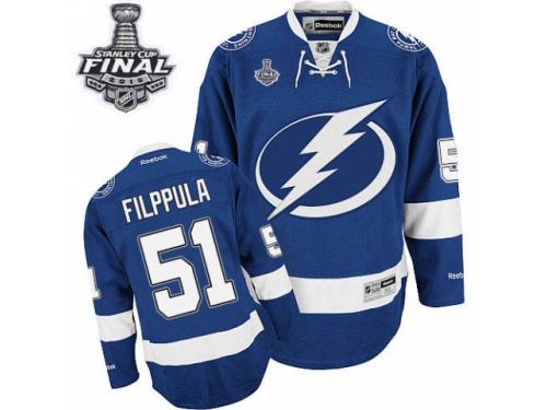 Men Reebok Tampa Bay Lightning #51 Valtteri Filppula Premier Royal Blue Home 2015 Stanley Cup Patch NHL Jersey