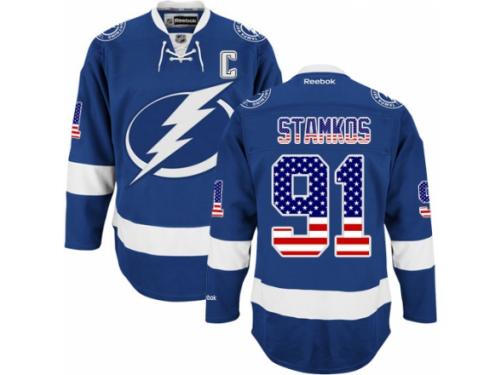 Men Reebok Tampa Bay Lightning #91 Steven Stamkos Premier Royal Blue USA Flag Fashion NHL Jersey