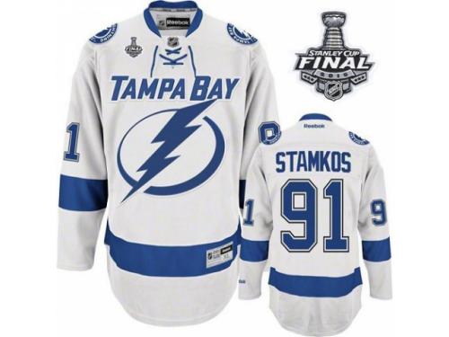 Men Reebok Tampa Bay Lightning #91 Steven Stamkos Premier White Away 2015 Stanley Cup Patch NHL Jersey